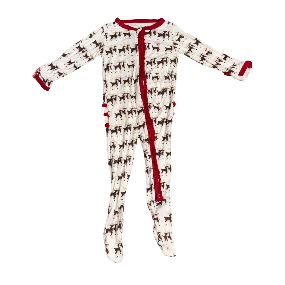 KicKee Pants Footie Pajamas Kids 6-9 Months White Reindeer Excellent Ruffle Zip